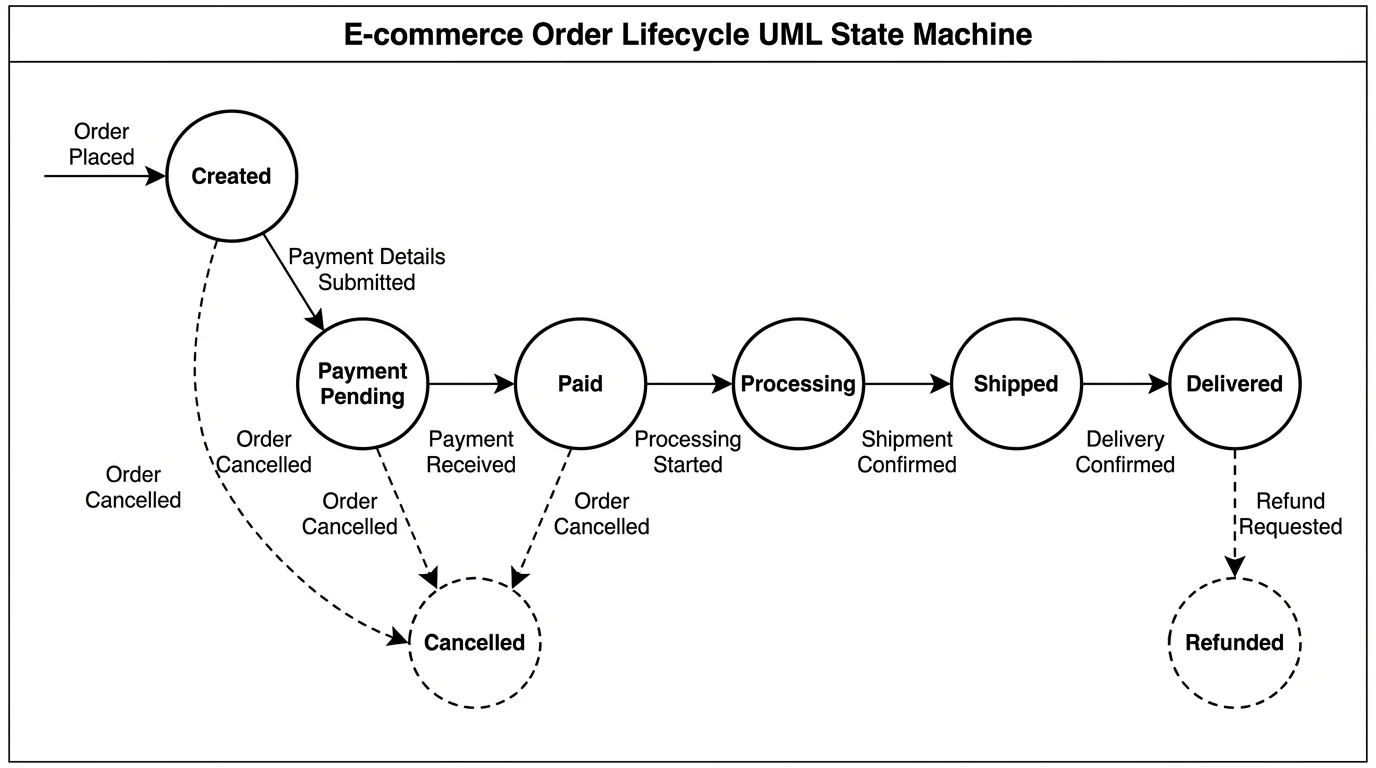 Order status state machine showing transitions between order states.