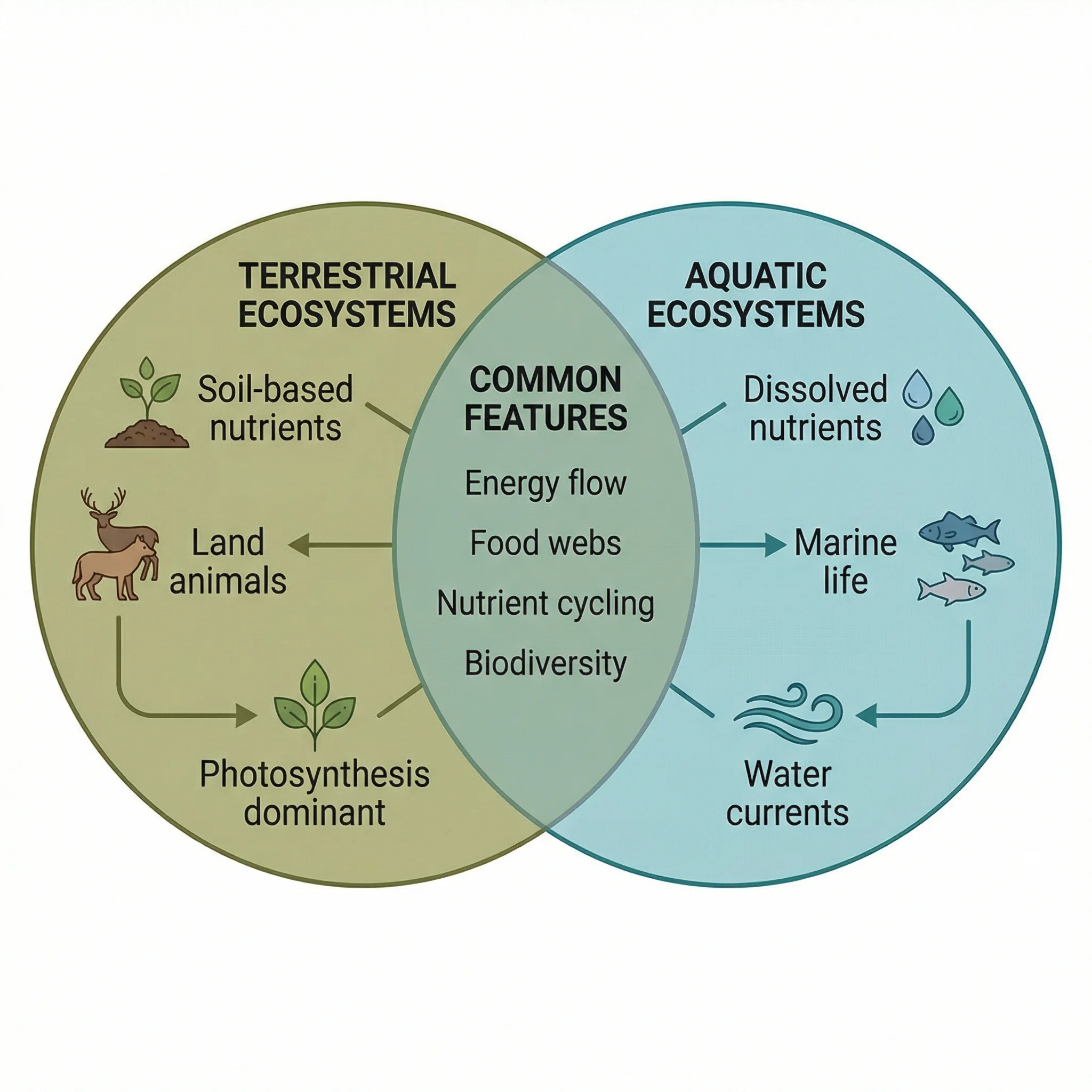Venn diagram comparing terrestrial and aquatic ecosystems with shared ecological processes in the overlap.