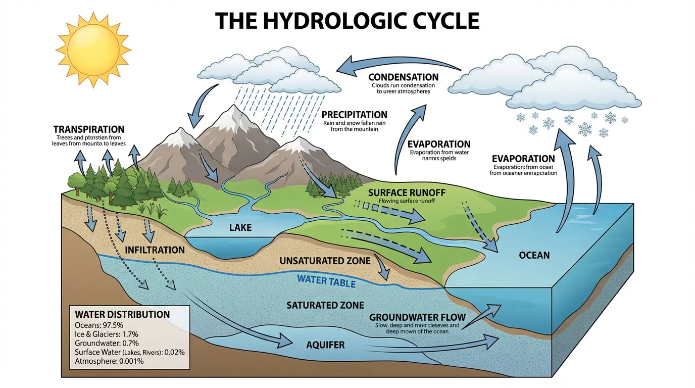 Detailed scientific water cycle diagram for high school students. Shows advanced concepts including transpiration from plants, surface runoff vs groundwater infiltration, aquifer layers, water table, and atmospheric water vapor percentages. Includes arrows showing both fast surface processes and slow groundwater movement. Cross-section view revealing underground water storage. Technical labels with scientific terminology. Realistic illustration style.