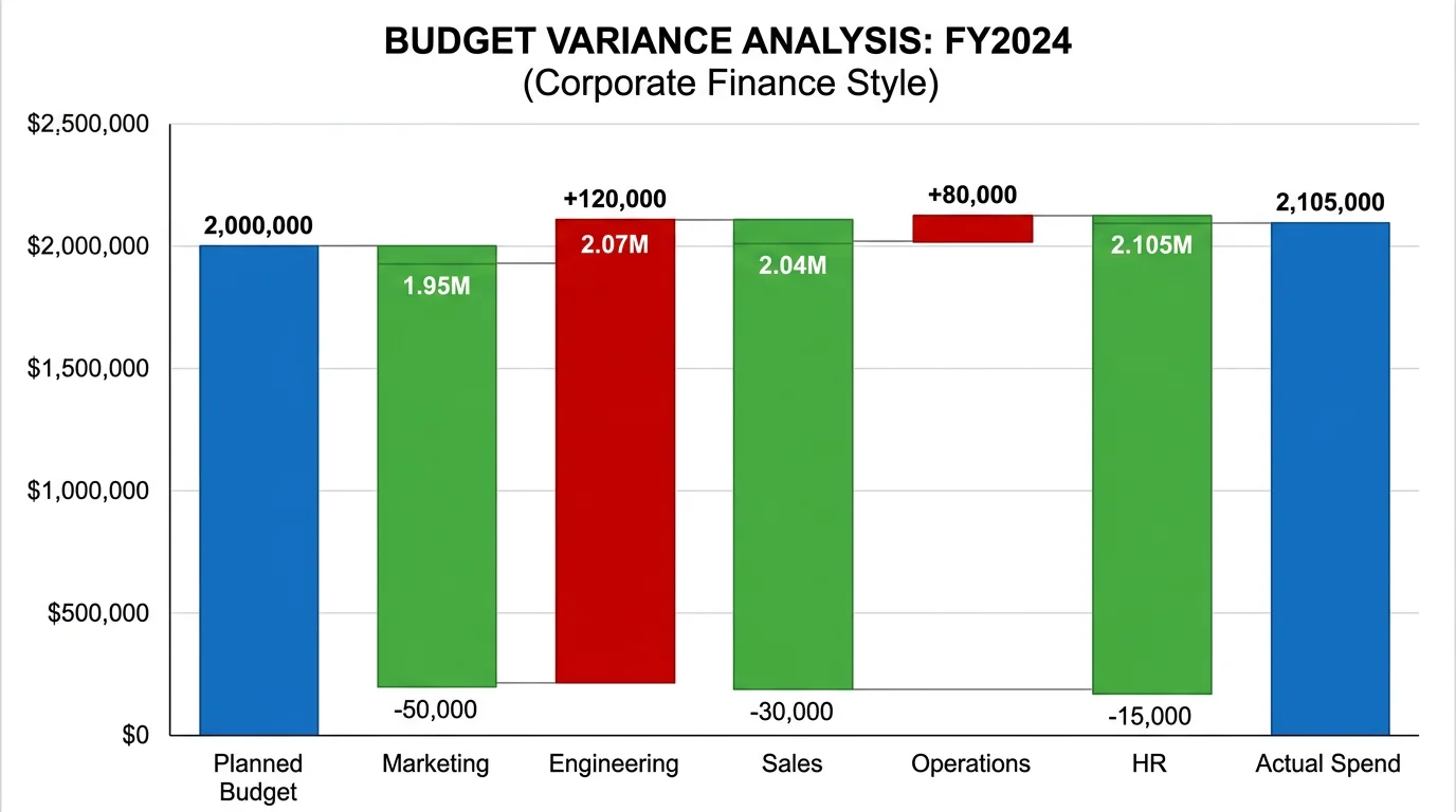 Waterfall chart showing budget variance analysis with favorable and unfavorable variances by department.