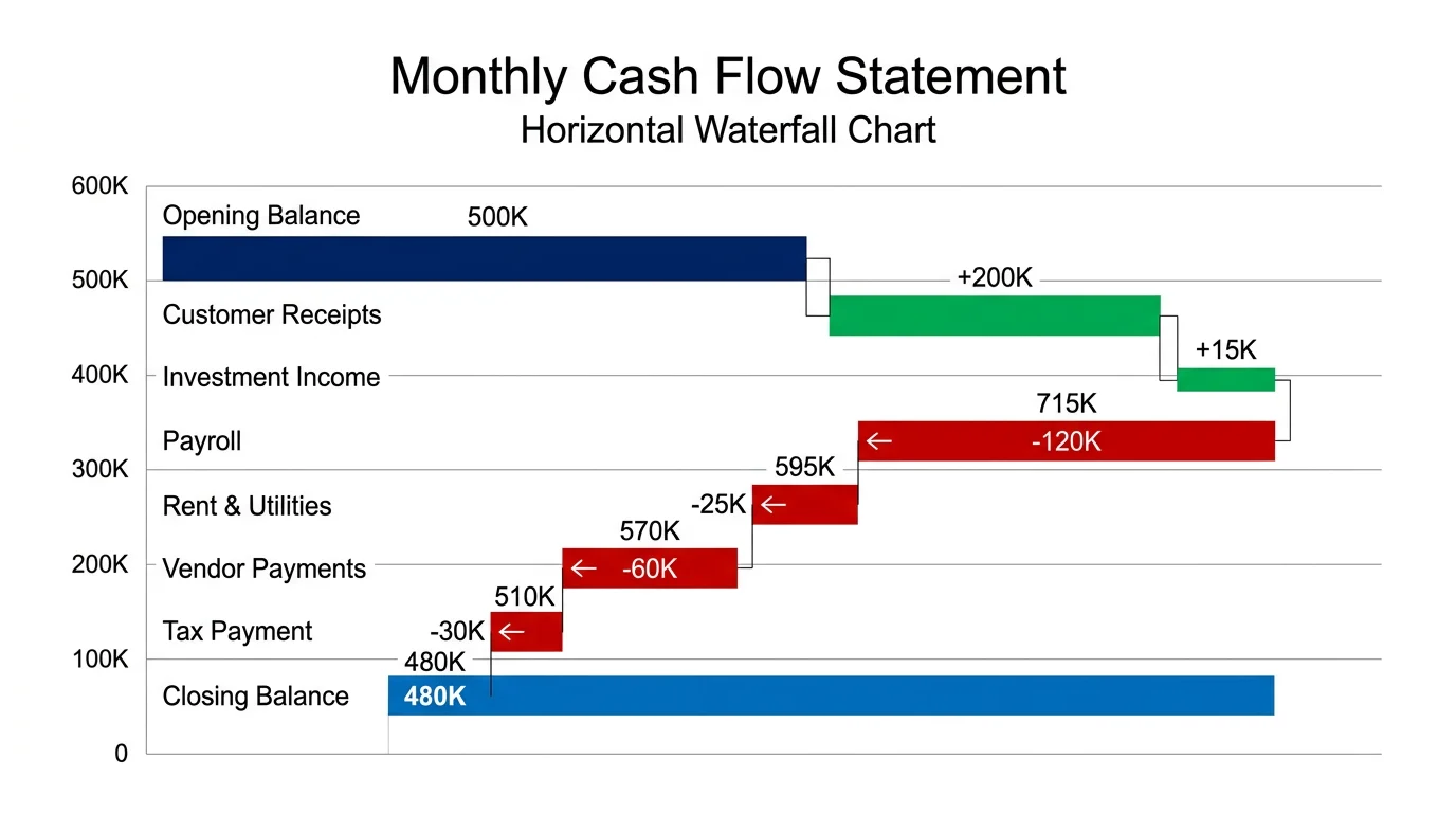 Horizontal waterfall chart showing cash flow analysis with inflows and outflows displayed as horizontal bars.