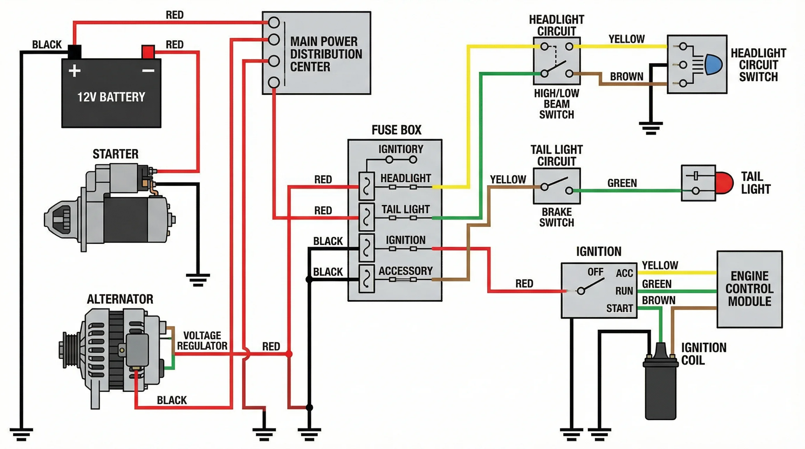Car electrical system wiring diagram showing battery, alternator, starter motor, fuse box, lighting circuit, and ignition system.